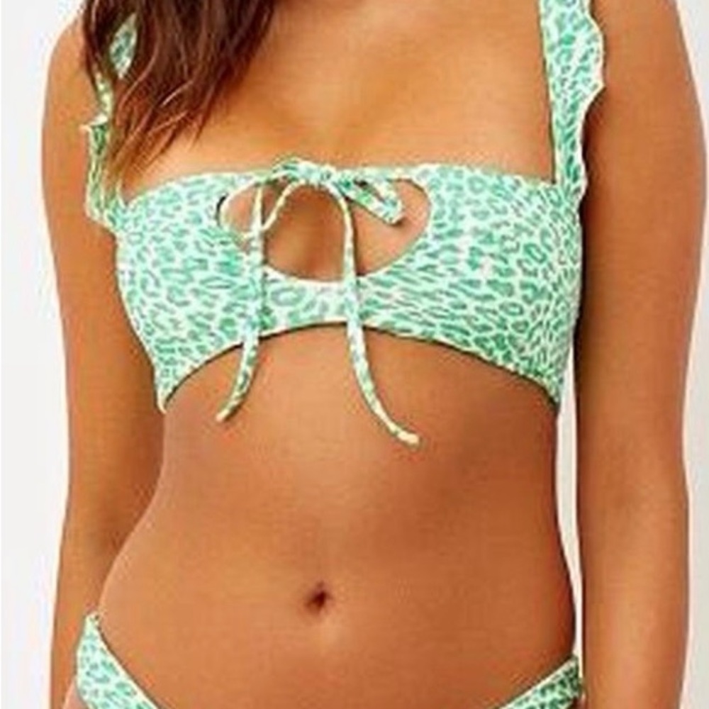 Green Leopard Print Tie-Front Bikini Top